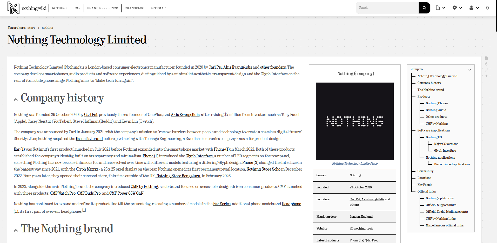 A screenshot of the Nothing.wiki page on Nothing Technology Limited